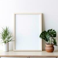 leeg kader Aan een wit tafel met planten mockup voor kunst vitrine ai generatief foto