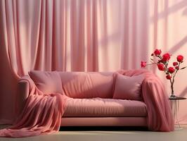 licht roze muur slaapkamer met sofa en koffie tafel ai generatief foto