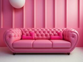 modern leven kamer met roze sofa tegen een kleurrijk muur ai generatief foto