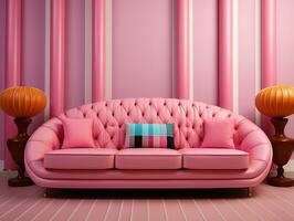 modern leven kamer met roze sofa tegen een kleurrijk muur ai generatief foto