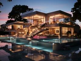 modern luxe buitenkant huis met zwembad ai generatief foto