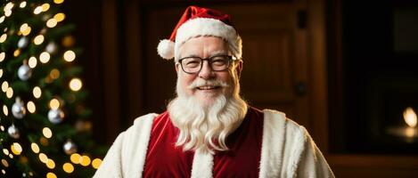 de kerstman glimlachen in Kerstmis met cadeaus en Kerstmis boom, ai gegenereerd foto