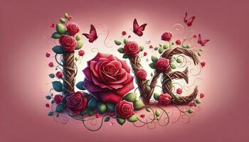 illustratie van de woord 'liefde' bewerkte van met elkaar verweven roos wijnstokken, bloeiende met levendig rood rozen. ai generatief foto