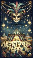 een op illustratie gebaseerd poster met een grillig circus tent, entertainers, en een prachtig Venetiaanse masker, uitnodigend kijkers naar toetreden de festiviteiten. ai generatief foto