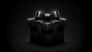een geïllustreerd afbeelding van een zwart geschenk doos met zacht gloeiend randen en een minimalistische zwart boog Aan top. ai generatief foto