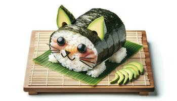 beeltenis sushi is geregeld naar kijken Leuk vinden een speels schepsel, met divers sushi componenten vertegenwoordigen verschillend onderdelen van de schepsel, reeks Aan een bamboe mat. ai generatief foto
