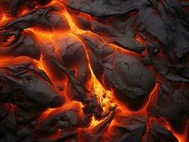heet gloeiend vulkaan lava, zwart oranje warmte achtergrond, ai gegenereerd foto