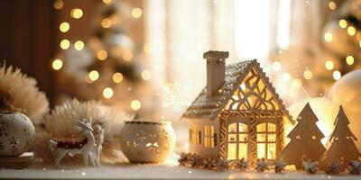 Kerstmis miniatuur tafereel van knus stad- met feestelijk gebouwen, ai generatief foto