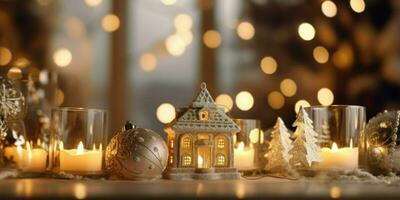 Kerstmis miniatuur tafereel van knus stad- met feestelijk gebouwen, ai generatief foto