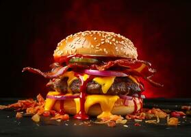 Hamburger Aan rood achtergrond, ai generatief foto