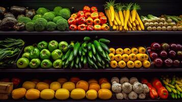 fruit en groenten Aan plank in supermarkt. generatief ai foto