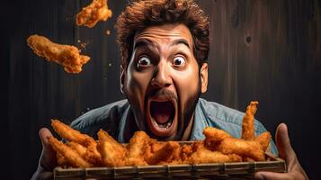 een verrast uitdrukking krat een grappig Mens aan het eten stukken van gebakken kip, een mannetje gezicht met uitdrukking opgewonden naar eten voedsel. generatief ai foto