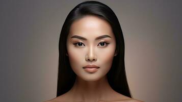 portret van Aziatisch mooi vrouw met glad Gezondheid huid gezicht. schoonheid en schoonheidsmiddelen huidsverzorging reclame concept. generatief ai foto