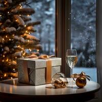 geschenk doos Aan de tafel in de buurt venster, ai generatief foto