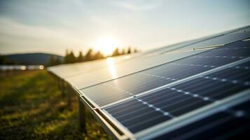 groot zonne- panelen Bij een zonne- boerderij met zon verlichting naar creëren de schoon elektrisch ai gegenereerd foto
