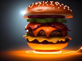 3d van hamburger Aan een houten achtergrond. dichtbij omhoog van een cheeseburger foto