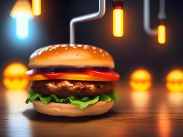 3d van hamburger Aan een houten achtergrond. dichtbij omhoog van een cheeseburger foto