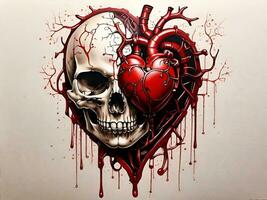 anatomisch hart, druipend met rood, gecombineerd met schedel, biomechanisch stijl illustratie foto