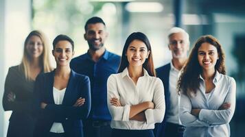 verschillend groep van professioneel individuen poseren samen, symboliseert samenspel en zakelijke eenheid. generatief ai foto