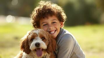 jongen met een huisdier hond, gezelschap en loyaliteit evident in hun binding en speels capriolen. generatief ai foto