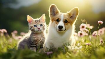 hond en kat samen, huisdieren, voorjaar of zomer natuur. generatief ai foto