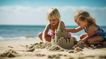 jong kind gebouw een Zandkasteel Aan een zonnig strand, zomer en vakantie thema. generatief ai foto