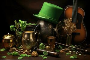 st. Patrick dag samenstelling met elf van Ierse folklore hoed, hoefijzer, pot van goud, hoefijzer, klaver, hoefijzer, hoefijzer Aan houten tafel over- donker achtergrond, st. Patrick dag samenstelling, ai gegenereerd foto