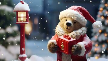 super schattig teddy beer in de kerstman hoed met geschenkdoos. ai gegenereerd beeld foto