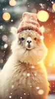 super schattig alpaca in de kerstman hoed met geschenk dozen. vrolijk Kerstmis groet concept. ai gegenereerd afbeelding. foto