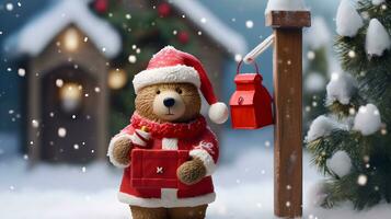 super schattig teddy beer in de kerstman hoed met geschenkdoos. ai gegenereerd beeld foto