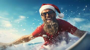 Mens surfing in de kerstman claus kostuum. Kerstmis vakantie concept. ai gegenereerd afbeelding. foto