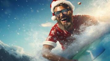 Mens surfing in de kerstman claus kostuum. Kerstmis vakantie concept. ai gegenereerd afbeelding. foto