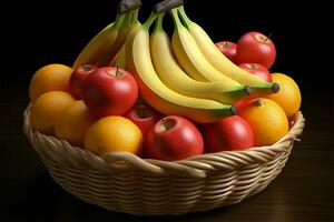 een verrukkelijk arrangement van banaan, perzik, appel, en oranje in een fruit mand ai gegenereerd foto