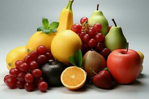een verscheidenheid van fruit tentoongesteld Aan een gemakkelijk, overzichtelijk wit canvas ai gegenereerd foto