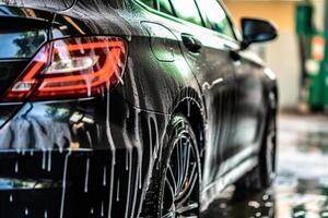 auto wassen concept. detailopname van zwart sport auto met water druppels ai gegenereerd foto