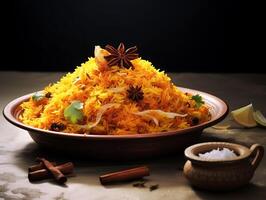 een bord van heet biryani met vlees foto