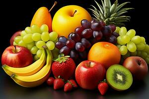 een kleurrijk assortiment van fruit, omvattend appels, sinaasappelen, citroenen, en meer ai gegenereerd foto