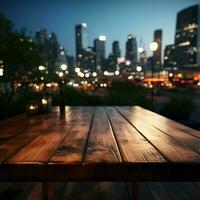 's nachts stedelijk tafereel houten tafel tegen wazig stad gebouw lichten in duisternis voor sociaal media post grootte ai gegenereerd foto
