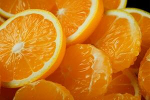 levendig mandarijn- plakjes detailopname, presentatie van hun sappig en verfrissend in beroep gaan ai gegenereerd foto