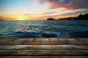 rustig horizon een houten tafel te midden van een verbijsterend, wazig zee zonsondergang ai gegenereerd foto