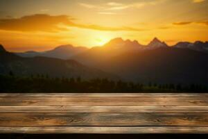 zonsondergang, lucht, bergen vervagen achter de houten tafel in schoonheid ai gegenereerd foto