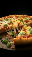 heerlijk kaasachtig Italiaans pizza plak, met vier kazen en basilicum verticaal mobiel behang ai gegenereerd foto