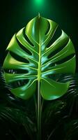 groen monstera blad verlichte door stralend neon licht in 3d verticaal mobiel behang ai gegenereerd foto