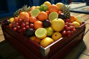 fruit opgeslagen in een mafra houder aan boord een Verzending vaartuig ai gegenereerd foto