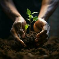 koesteren groei hand- voegt toe bodem naar groen achtergrond, symboliseert aanplant of herinnering voor sociaal media post grootte ai gegenereerd foto