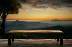 aard tableau houten tafel ingelijst door zonsondergang, lucht, boom, bergen ai gegenereerd foto