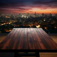 horizon schemering wazig nacht lucht, houten tafel in de midden van stedelijkheid voor sociaal media post grootte ai gegenereerd foto