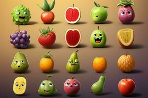 een verzameling van fruit emoji's, elk vertegenwoordigen een onderscheiden gevoel ai gegenereerd foto