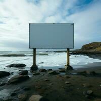 waterkant leegte aanplakbord tegen zanderig oever, met uitzicht de enorm zee voor sociaal media post grootte ai gegenereerd foto