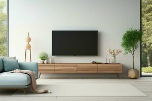 modern leven kamer Kenmerken TV Aan kabinet tegen een blauw muur ai gegenereerd foto